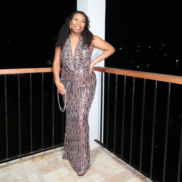 Backless Plunge Sequin Maxi Dress | Brown Size M - Picture 1 of 5